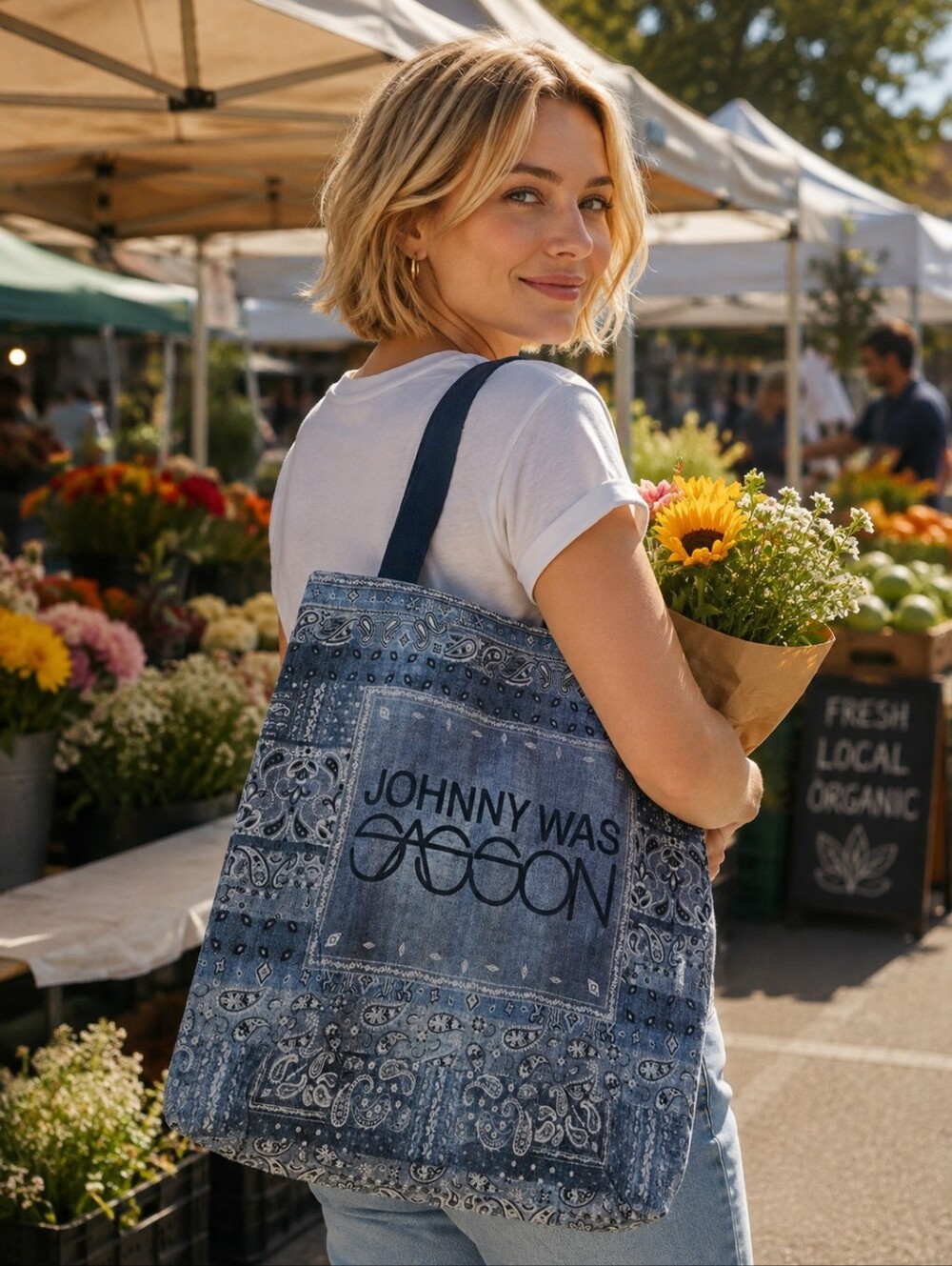 Johnny Was Blue Paisley Bandana Orint Canvas Shoulder Boho Tote - Picture 1 of 5